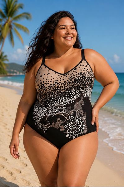 Picture of PLUS SIZE BLACK WITH BEIGE PRINT BODICE.